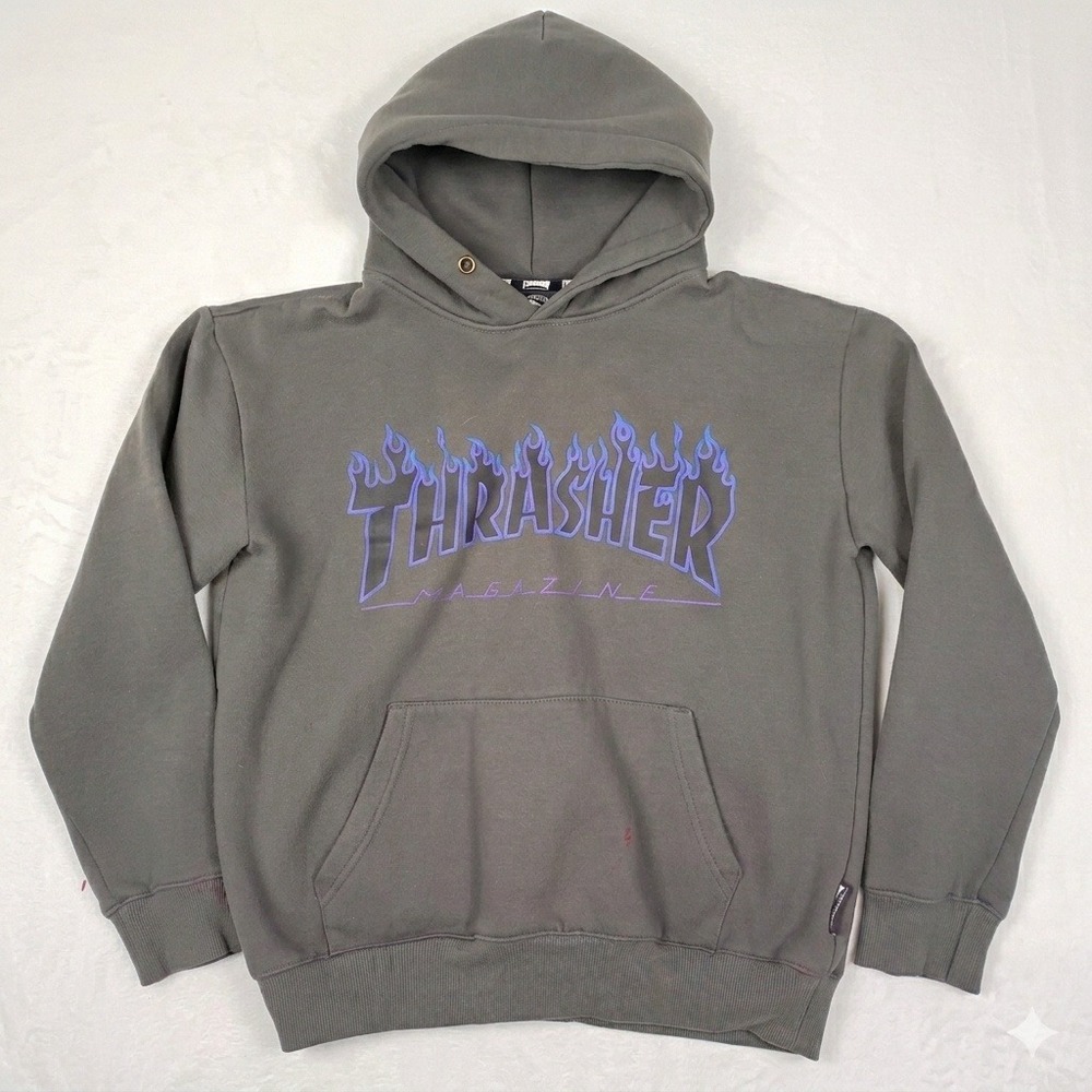 Thrasher Magazine Flame Logo Hoodie Charcoal Grey Purple‎ Blue Mens Medium